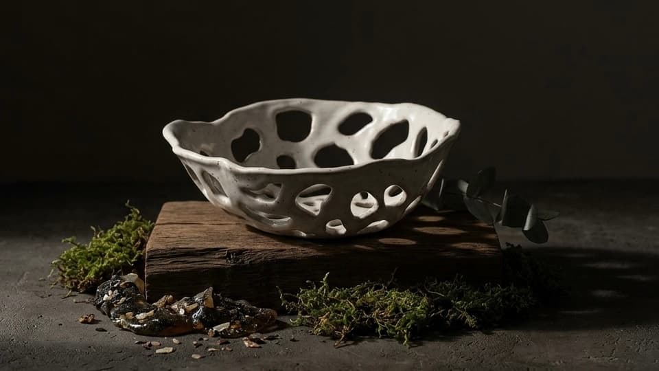 Ručne modelovaná keramická misa „Lattice“ – krémová s bodkami