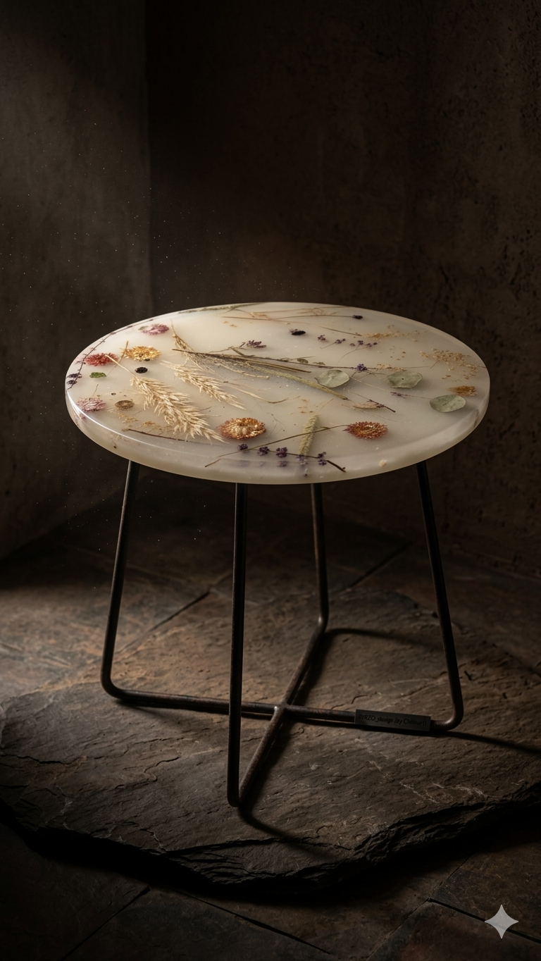 Dizajnový epoxidový konferenčný stolík so sušenými kvetmi – Lúka v živici