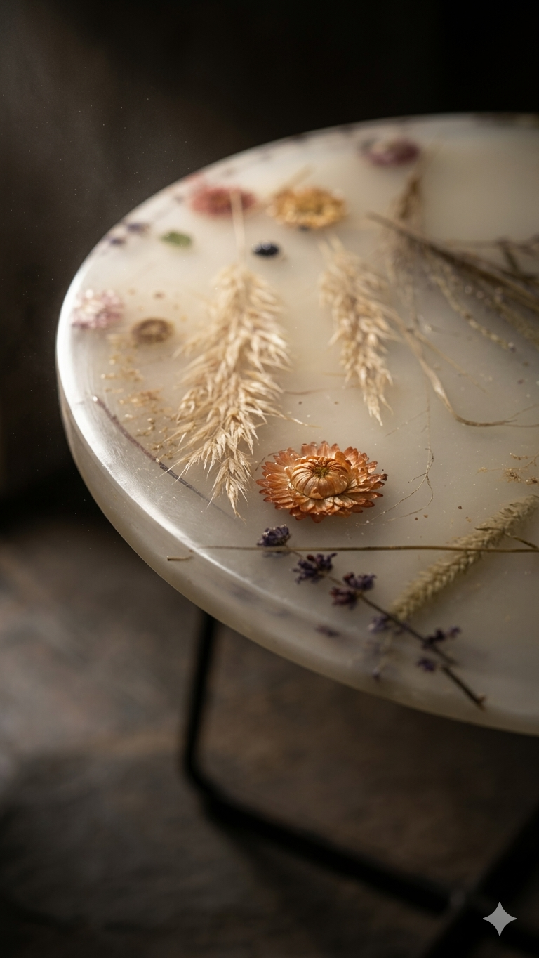 Dizajnový epoxidový konferenčný stolík so sušenými kvetmi – Lúka v živici 2